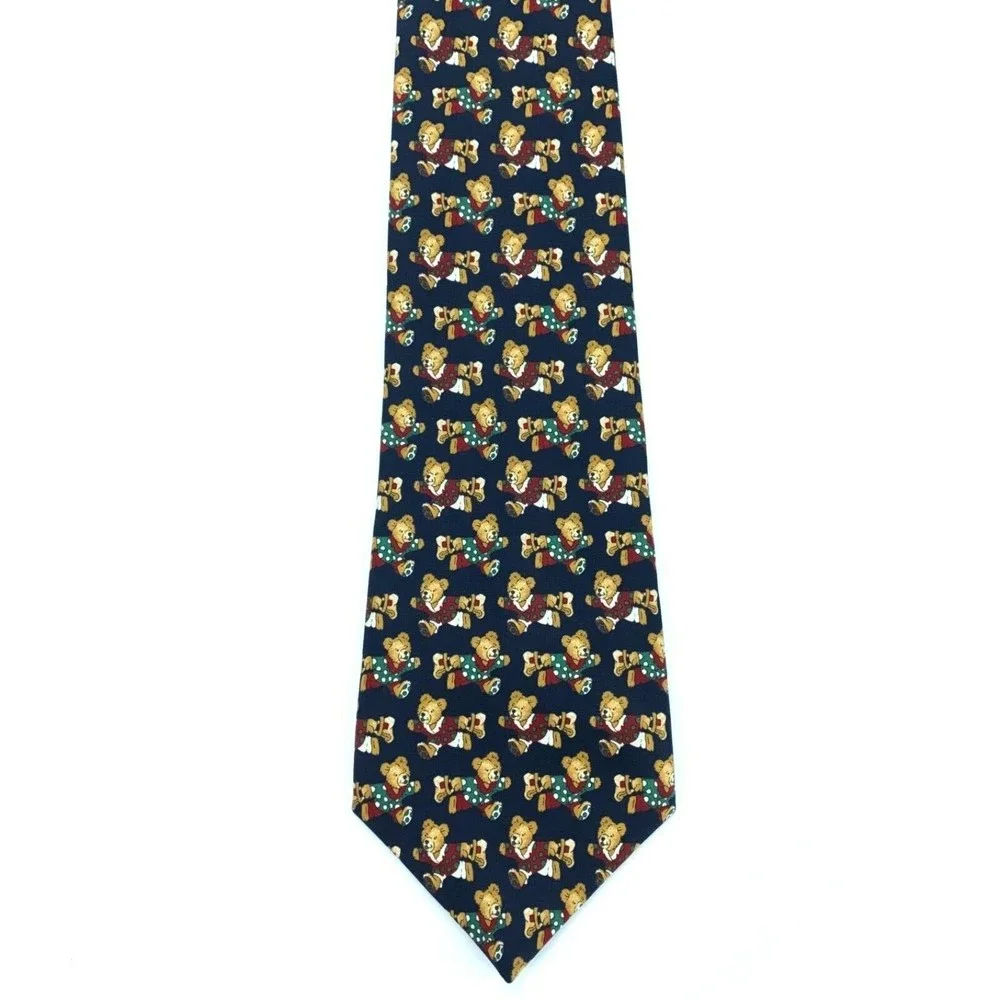 Como Seda Necktie Christmas Bear in Polka Dot Pj's Navy Blue Green Red White Tie